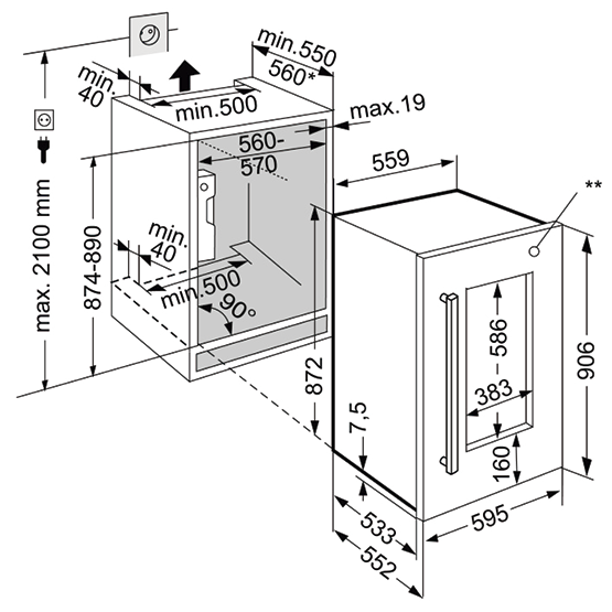 Vinoteca Liebherr EWTdf 1653 puerta semiabierta puerta abierta Medidas